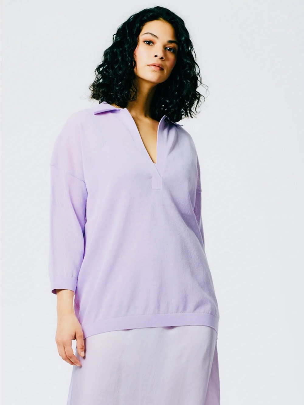 TIBI Crispy Viscose Sweater Easy Polo in Dusty Lavender - Picture 5 of 7